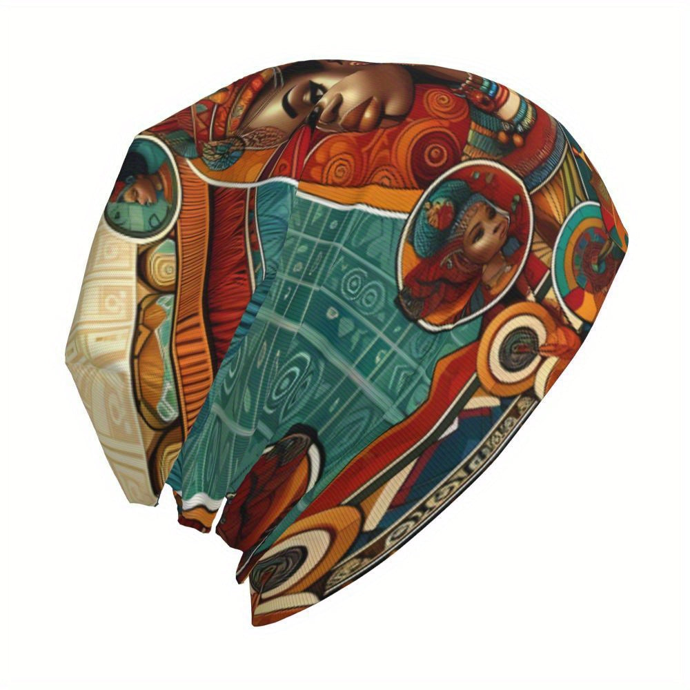 Biihudu African-Inspired Unisex Beanie Hat - Vibrant Tribal Geometric Patterns, Lightweight Warmth for Casual & Cultural Fashion, Artistic African Portraits Design, Cultural Headwear, Decorative Headgear Suitable for men and