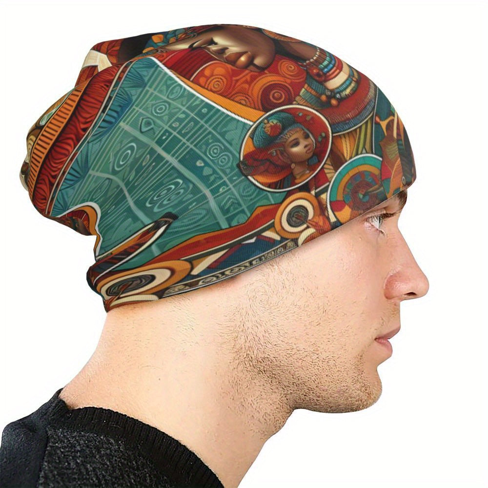Biihudu African-Inspired Unisex Beanie Hat - Vibrant Tribal Geometric Patterns, Lightweight Warmth for Casual & Cultural Fashion, Artistic African Portraits Design, Cultural Headwear, Decorative Headgear Suitable for men and