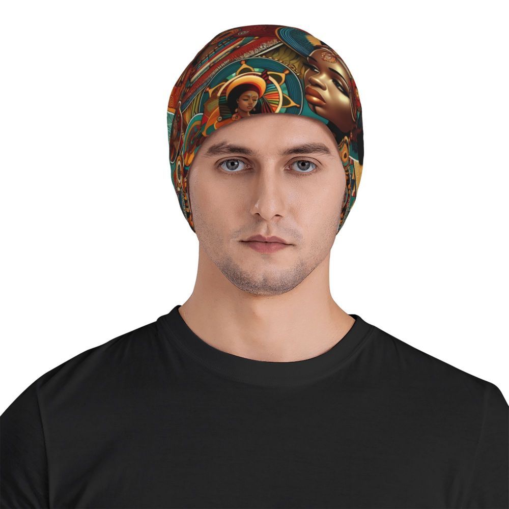 Biihudu African-Inspired Unisex Beanie Hat - Vibrant Tribal Geometric Patterns, Lightweight Warmth for Casual & Cultural Fashion, Artistic African Portraits Design, Cultural Headwear, Decorative Headgear Suitable for men and