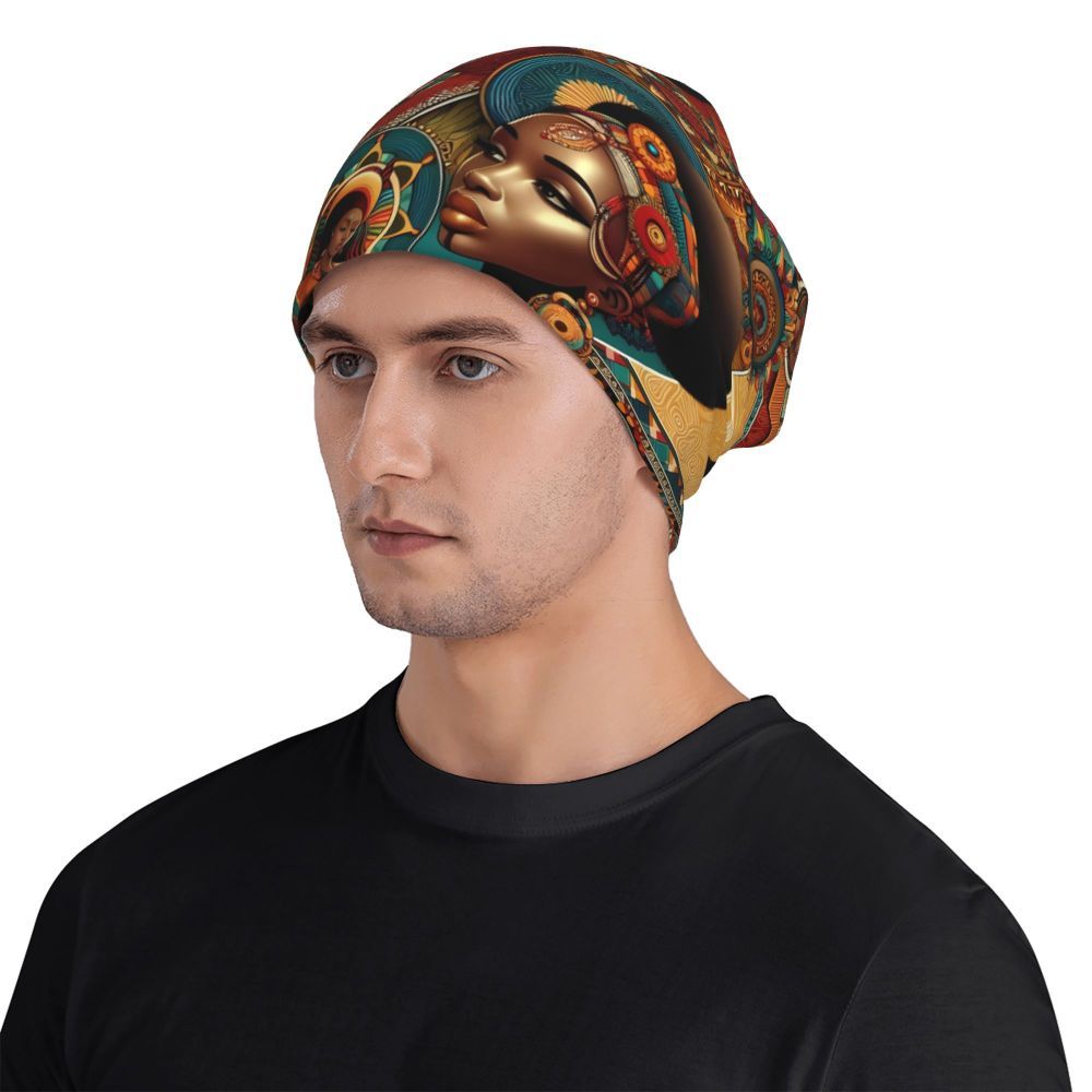 Biihudu African-Inspired Unisex Beanie Hat - Vibrant Tribal Geometric Patterns, Lightweight Warmth for Casual & Cultural Fashion, Artistic African Portraits Design, Cultural Headwear, Decorative Headgear Suitable for men and
