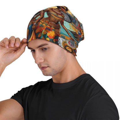 African Print Beanie Cap - Biihudu Brand Fashionable Knit Hat with Elastic Polyester Blend, No Brim, Lightweight Sports Cap Unisex Suitable for Men And Women.