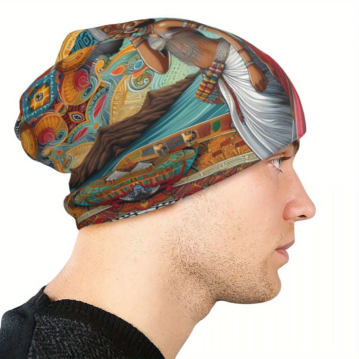 African Print Beanie Cap - Biihudu Brand Fashionable Knit Hat with Elastic Polyester Blend, No Brim, Lightweight Sports Cap Unisex Suitable for Men And Women.