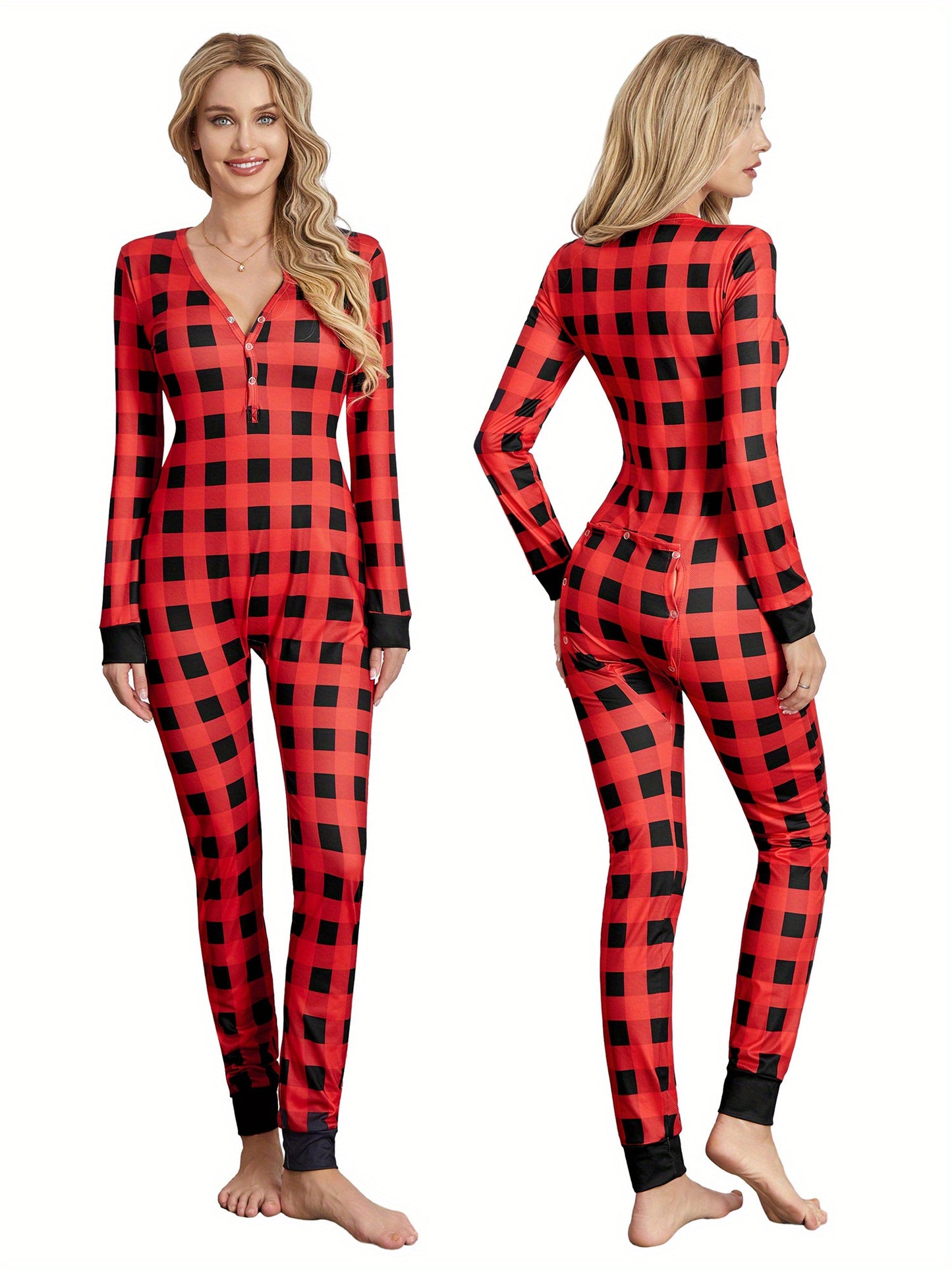 Women Functional Buttoned Flap Jumpsuit Sleepwear Solid Color Printed Long Sleeve Homewear Pajamas