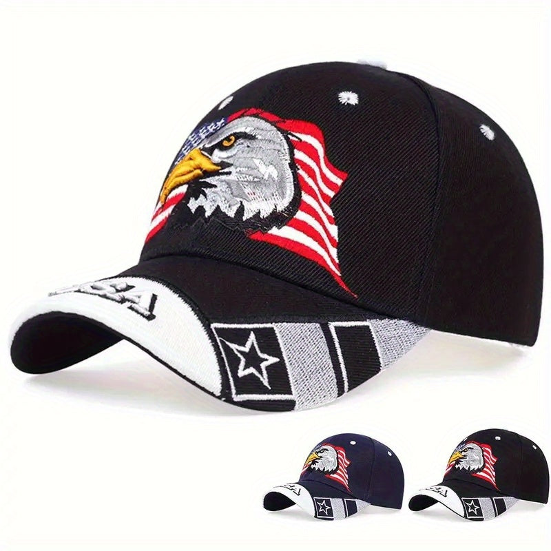 [Adventure Ready] Men's Patriotic Eagle Baseball Cap - Adjustable Snapback, Polyester, Black/Navy Blue with Stars & Stripes Design, Perfect for Sports & Outdoor Activities