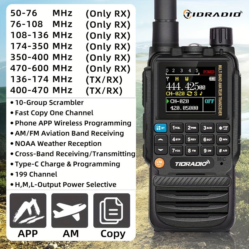 TIDRADIO TD-H3 Multi-Band Ham/GMRS Handheld Radio - Two Way Radios with USB-C Programming & Charging, Long Range with 2500mAh Battery and Air Band Long Antenna, One Key Frequency Match - For Outdoor Enthusiasts, Emergency Pre