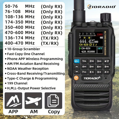 TIDRADIO TD-H3 Multi-Band Ham/GMRS Handheld Radio - Two Way Radios with USB-C Programming & Charging, Long Range with 2500mAh Battery and Air Band Long Antenna, One Key Frequency Match - For Outdoor Enthusiasts, Emergency Pre