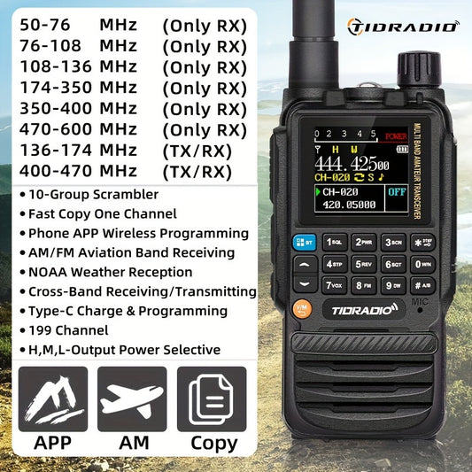 TIDRADIO TD-H3 Multi-Band Ham/GMRS Handheld Radio - Two Way Radios with USB-C Programming & Charging, Long Range with 2500mAh Battery and Air Band Long Antenna, One Key Frequency Match - For Outdoor Enthusiasts, Emergency Pre