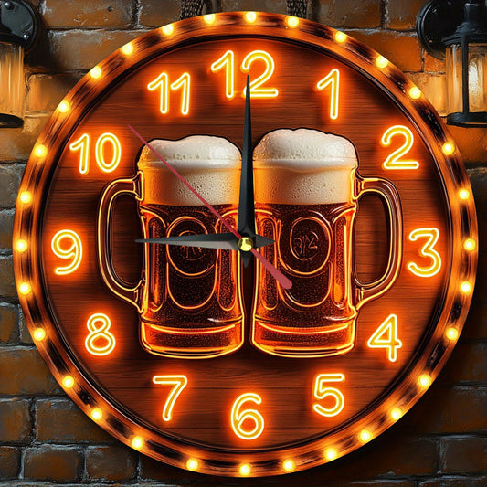 1pc Vintage Beer Mug Wooden Wall Clock - 2D Round Farmhouse Style Home Decor for Kitchen, Bedroom, Office - No Ticking Sound, Battery Not Included - Perfect Christmas Gift, 9.8x9.8 Inch, Kitchen Wall Clock | Festive Wall Art
