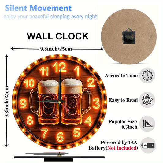 1pc Vintage Beer Mug Wooden Wall Clock - 2D Round Farmhouse Style Home Decor for Kitchen, Bedroom, Office - No Ticking Sound, Battery Not Included - Perfect Christmas Gift, 9.8x9.8 Inch, Kitchen Wall Clock | Festive Wall Art