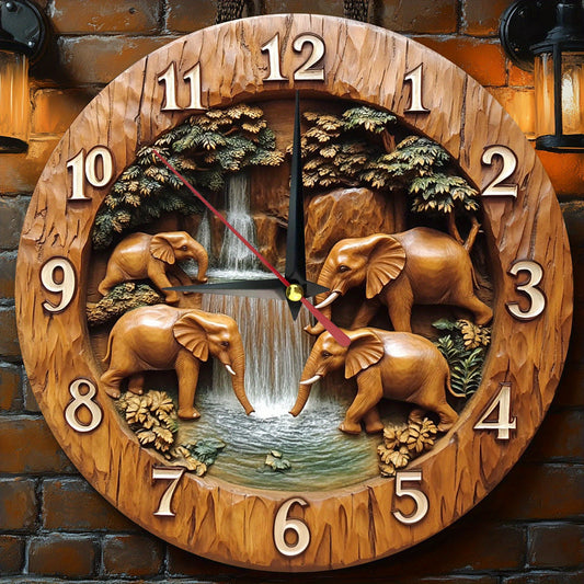 Non-Electric 1pc 2D Vintage Elephant Theme Wooden Round Wall Clock, Farmhouse Style Home Decor for Kitchen, Bedroom, Office, No Ticking Sound, Battery Not Included, Perfect Christmas Gift, 9.8x9.8 Inch