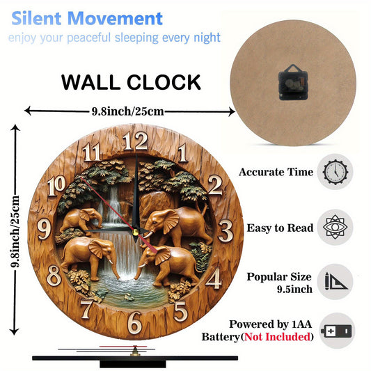Non-Electric 1pc 2D Vintage Elephant Theme Wooden Round Wall Clock, Farmhouse Style Home Decor for Kitchen, Bedroom, Office, No Ticking Sound, Battery Not Included, Perfect Christmas Gift, 9.8x9.8 Inch