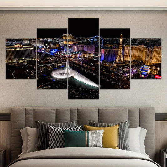 5pcs Wooden Framed Canvas, Night View of Bustling Cities, Fashion Style Poster, Art for Home Decoration, Pattern Wall Art Decor, for Living Room, Bedroom, Office, Bar Wall Decor, Waterproof, Odorless, Painting, Print, Artwork