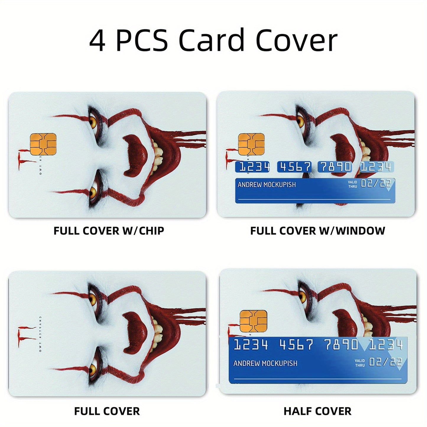 4pcs Self-Adhesive Removable Credit Card Skins - Thick Frosted PVC Horror Clown Pennywise Stickers (IT Movie Inspired) with Chip Window, Bank Card Protectors for Debit/Credit/Transit Cards, Easy Peel & Stick Application, Cred