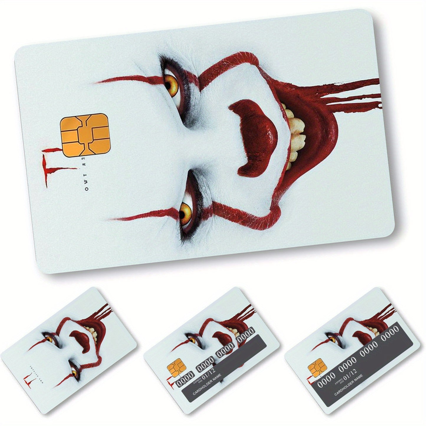 4pcs Self-Adhesive Removable Credit Card Skins - Thick Frosted PVC Horror Clown Pennywise Stickers (IT Movie Inspired) with Chip Window, Bank Card Protectors for Debit/Credit/Transit Cards, Easy Peel & Stick Application, Cred