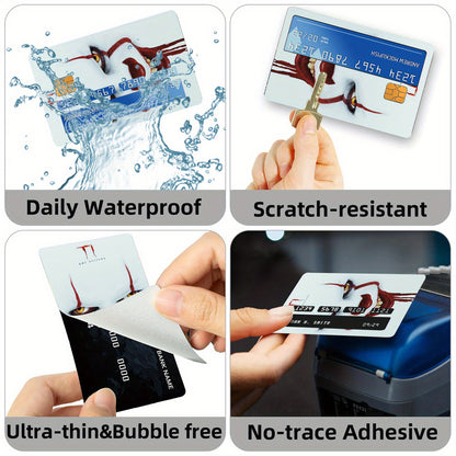 4pcs Self-Adhesive Removable Credit Card Skins - Thick Frosted PVC Horror Clown Pennywise Stickers (IT Movie Inspired) with Chip Window, Bank Card Protectors for Debit/Credit/Transit Cards, Easy Peel & Stick Application, Cred