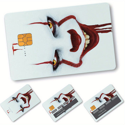 4pcs Self-Adhesive Removable Credit Card Skins - Thick Frosted PVC Horror Clown Pennywise Stickers (IT Movie Inspired) with Chip Window, Bank Card Protectors for Debit/Credit/Transit Cards, Easy Peel & Stick Application, Cred