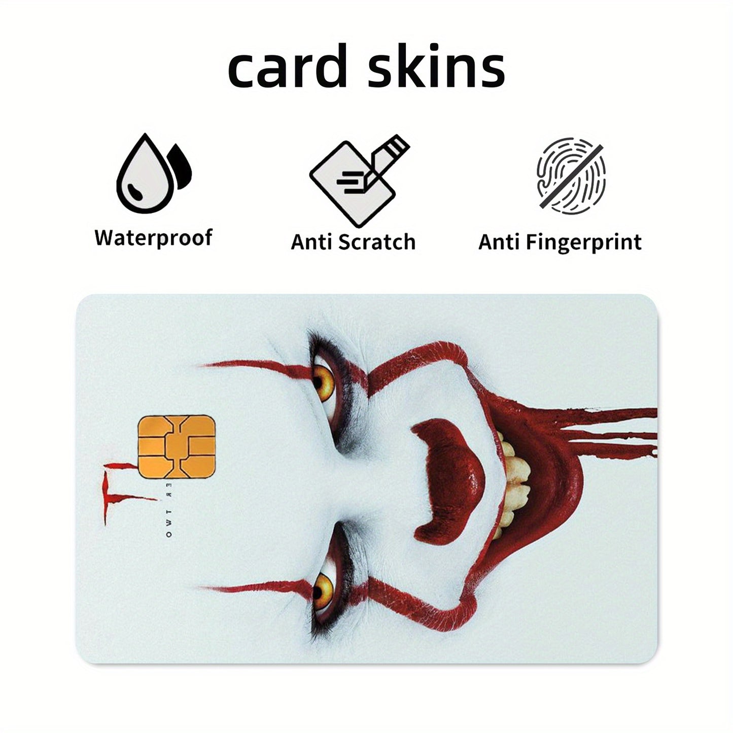 4pcs Self-Adhesive Removable Credit Card Skins - Thick Frosted PVC Horror Clown Pennywise Stickers (IT Movie Inspired) with Chip Window, Bank Card Protectors for Debit/Credit/Transit Cards, Easy Peel & Stick Application, Cred