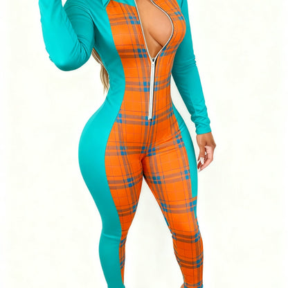 Women's Elegant Sexy Full-Body Print Jumpsuit - Long Sleeve Collar Zipper Front -Pant Outfit, All-Season Party Wedding Guest Special Occasion Attire, Machine Washable