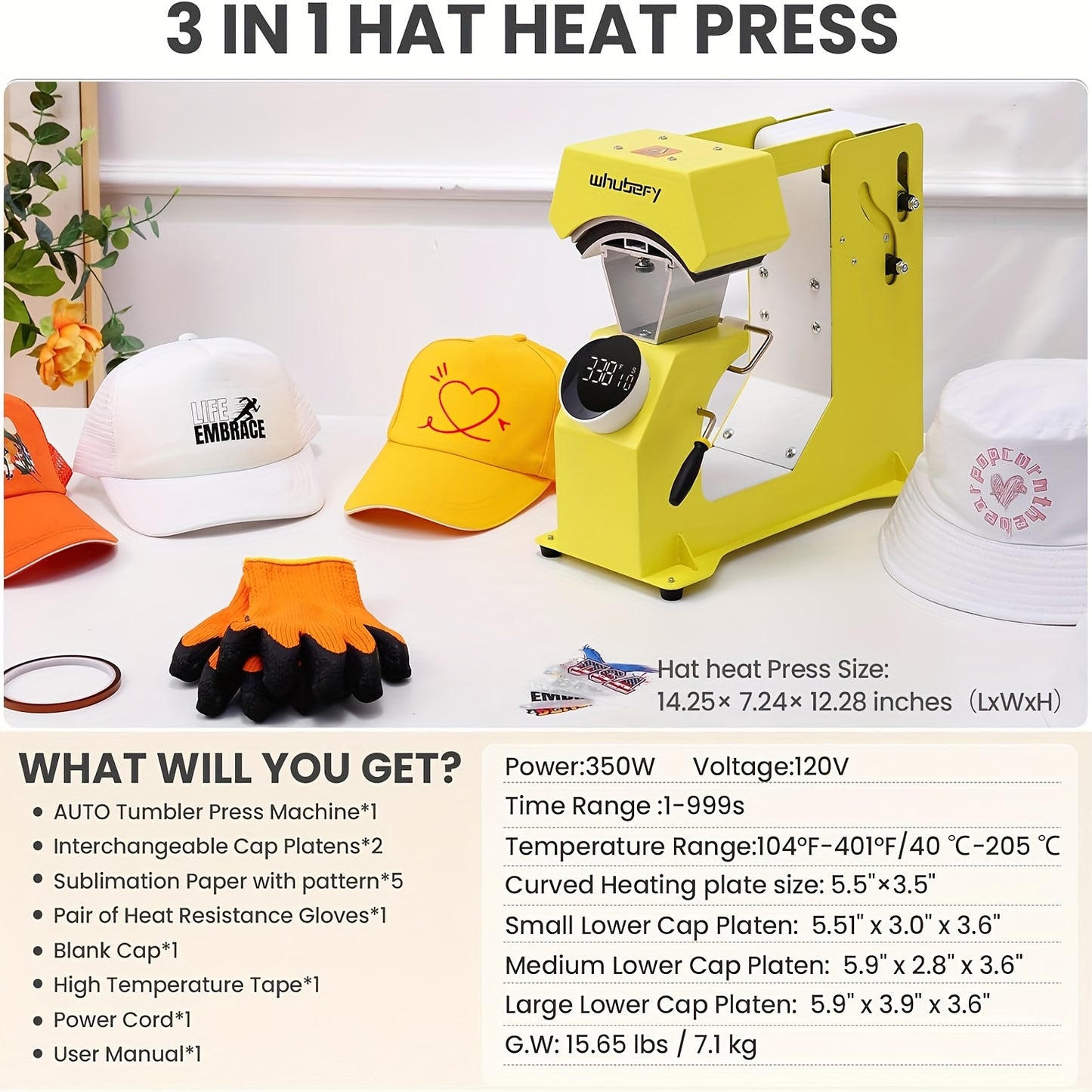15"x15"/15"x12" - 8in 1/5in 1 Heat Press Combo, Rotatable Design, Multi-Size Transfer Professional Sublimation Kit, Suitable for T-Shirts, Bags, Pillows, Hats, Beanies, Rollers - Three-in-One Automatic Hat Press Only for Hats