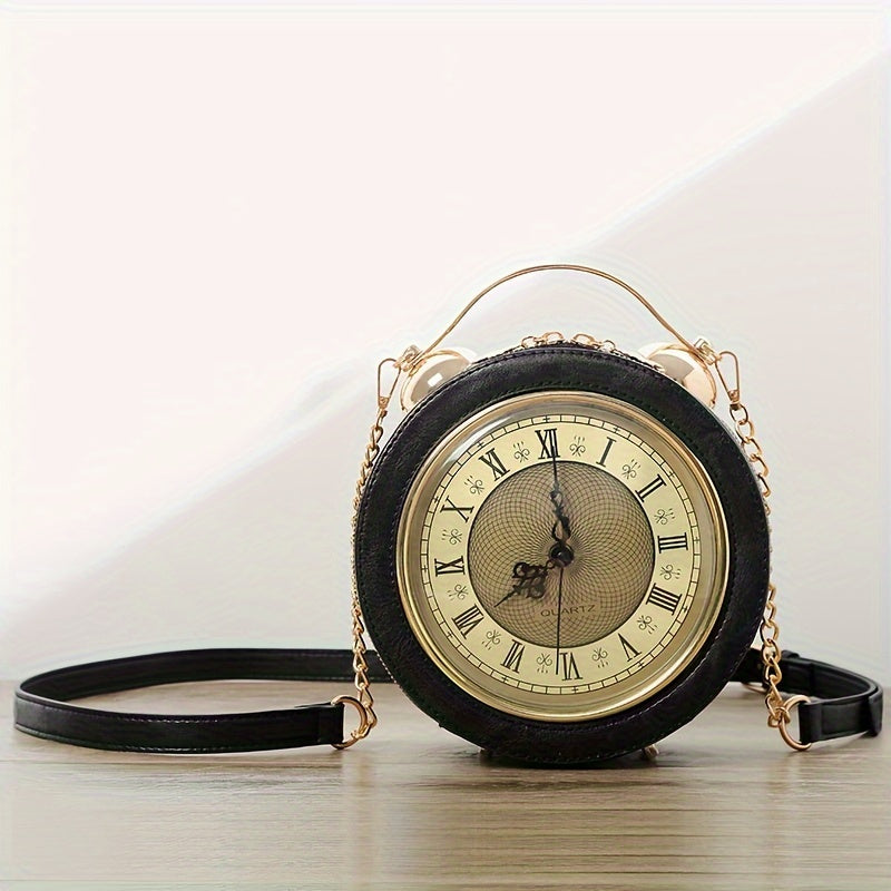 Vintage-Inspired Clock Handbag with Adjustable Strap – Stylish Round Design in Caramel, Pink, or Black – PU Material, Zip Closure, Perfect for Casual Outings