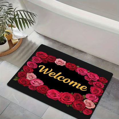 1pc Non-Slip Welcome Doormat - Red Roses & Welcome Golden Lettering on Black Background, High Quality Bathroom Mat, Entryway Mat, Camping Floor Mat - Machine Washable Rubber Backing for Indoor/Outdoor Use - Perfect for Christ