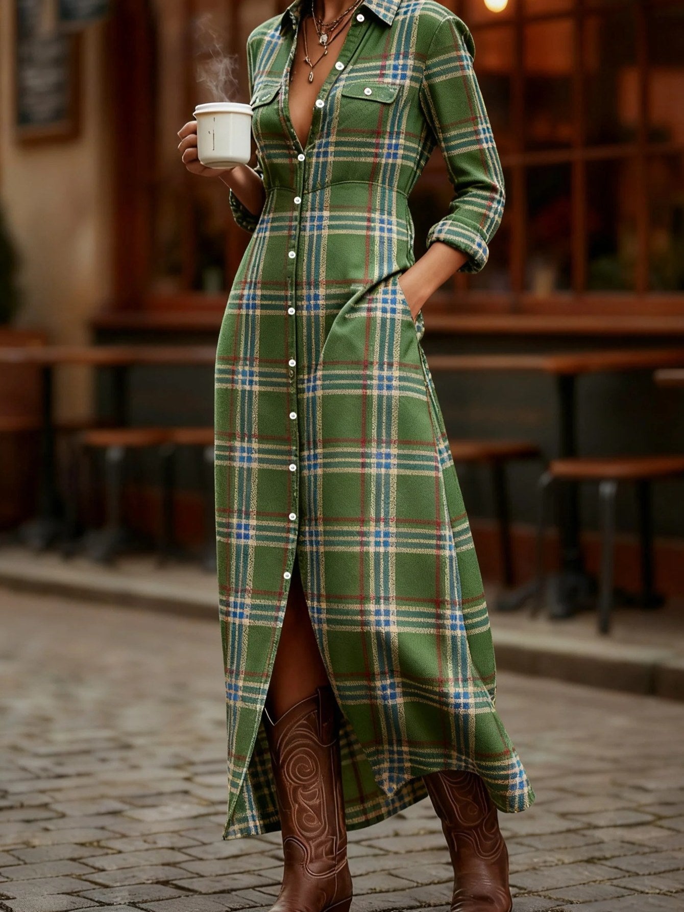 HERTALKA Fashionable Women's Dress with a Retro Checkered Long-sleeved Style