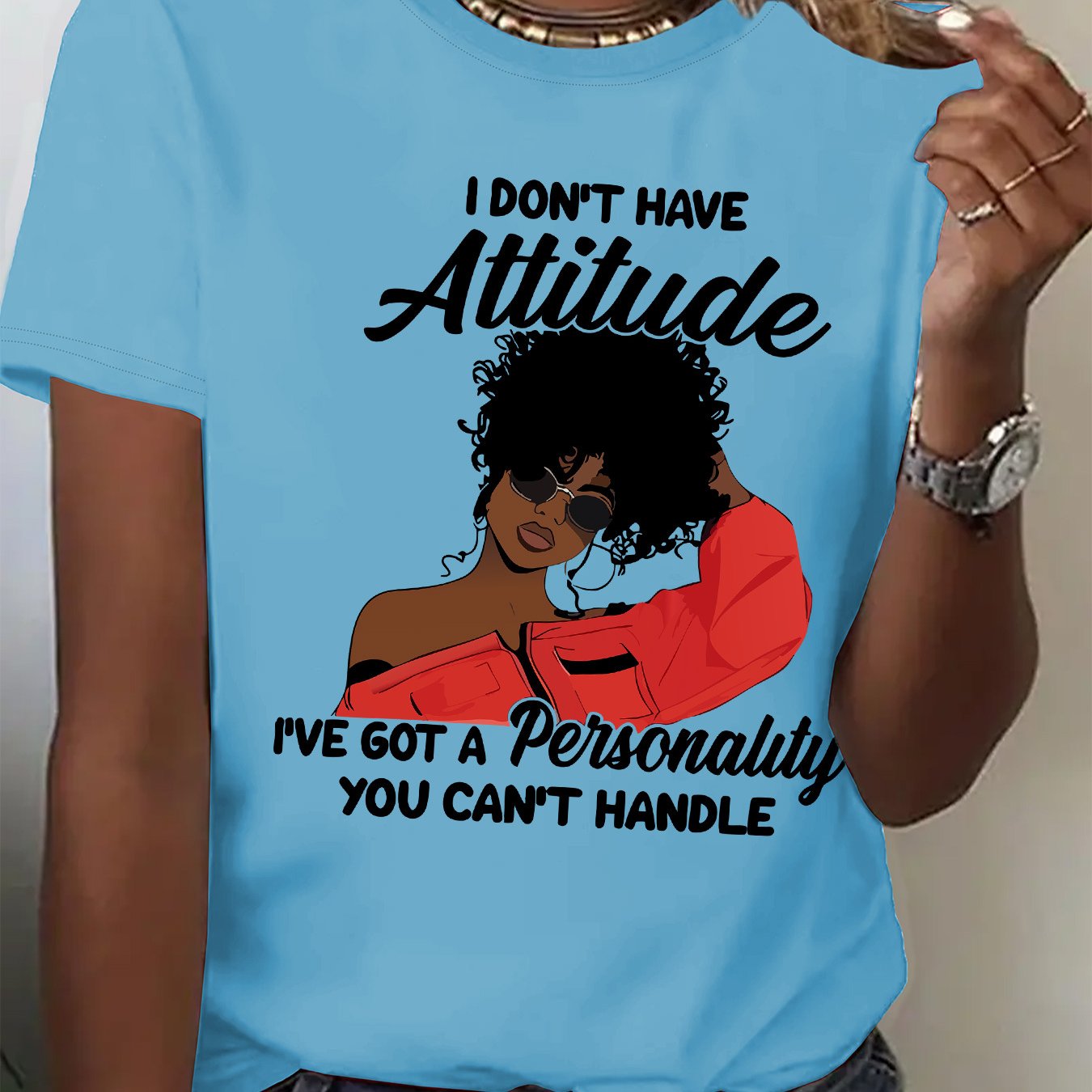 Women's "I Don't Have Attitude" Slogan Graphic T-Shirt - Vibrant Red Short Sleeve Crew Neck Casual Top with Bold Text & Fashion Glasses Design, Machine Washable All-Season Comfort Fit Tee, Fashionforward Look, Durable Fabric