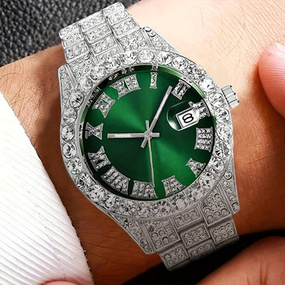 [Men's Watch Set] Luxury Men's Watch Set, Including Artificial Gemstone Bracelet and Cross Necklace, Roman Numeral Watch, Inlaid with Artificial Rhinestones, Perfect Gift for Men, Party Essentials
