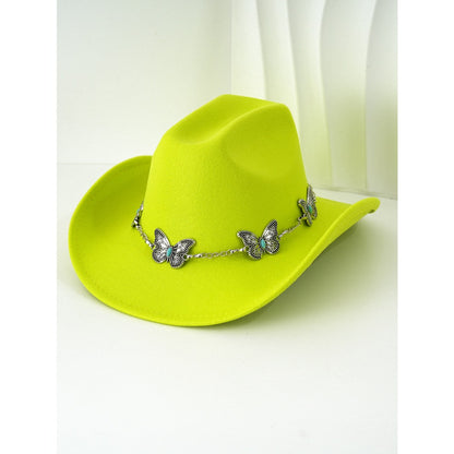 Women'S Bohemian Turquoise & White Cowboy Hat - Felt Wide Brim Sun Hat with Butterfly Metal Chain Accent, Non-Stretch Formal & Western Style for Christmas, Festivals, Casual Attire - Hand Washable Elegant Felt Cowboy Cap, Cow