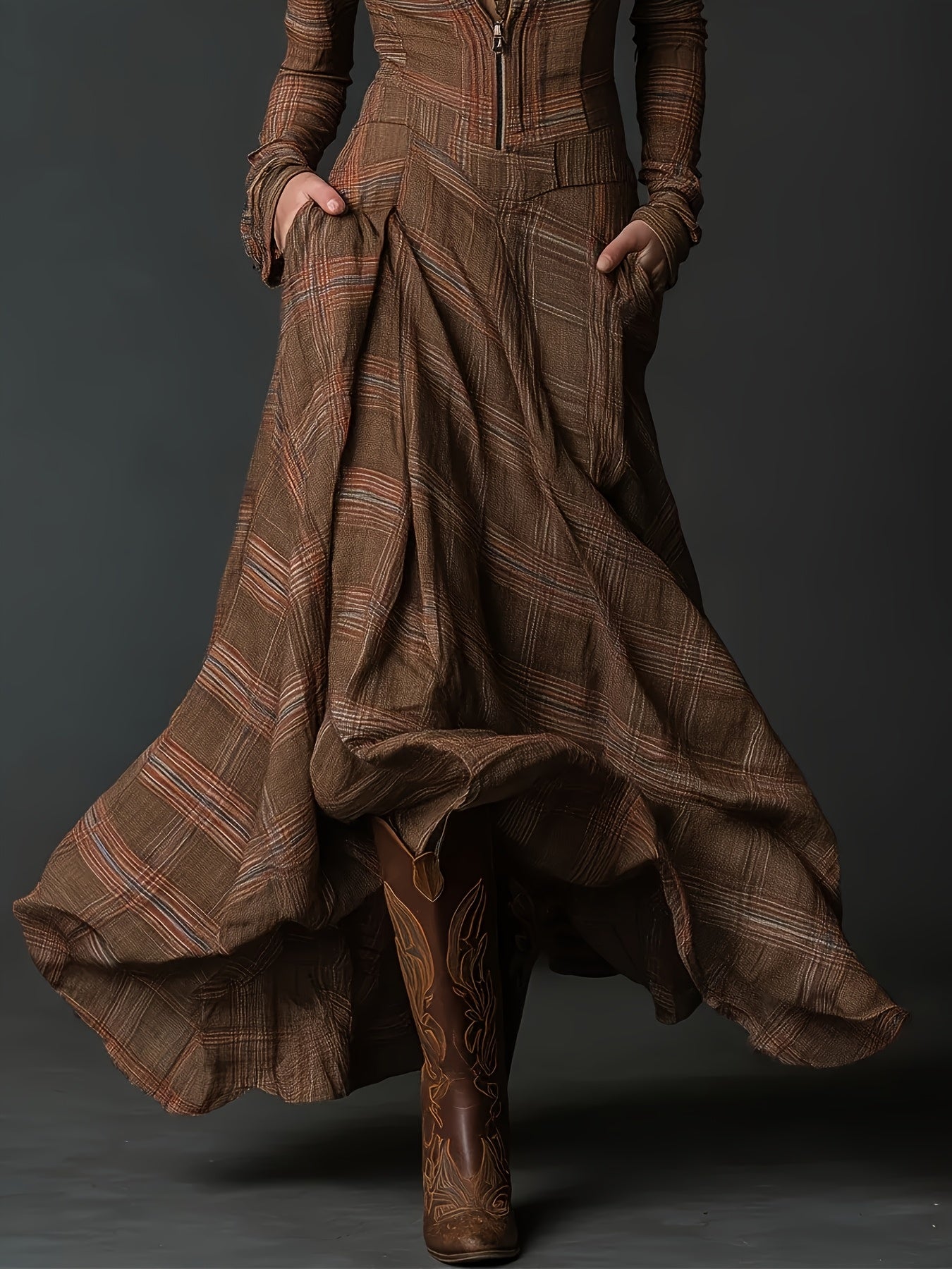 Brown Retro Checkered Print Stand-up Collar Front Zipper Long Dress, Casual, Elegant And Fashionable for Outings And Dinners