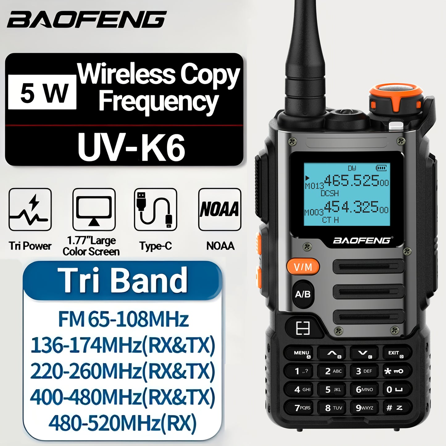 1/2 Packs Baofeng UV-K6 Walkie Talkie Air Band Radio TYPE-C K6 Charge 2600mAh UHF VHF DTMF FM NOAA Wireless Frequency Two Way Radio