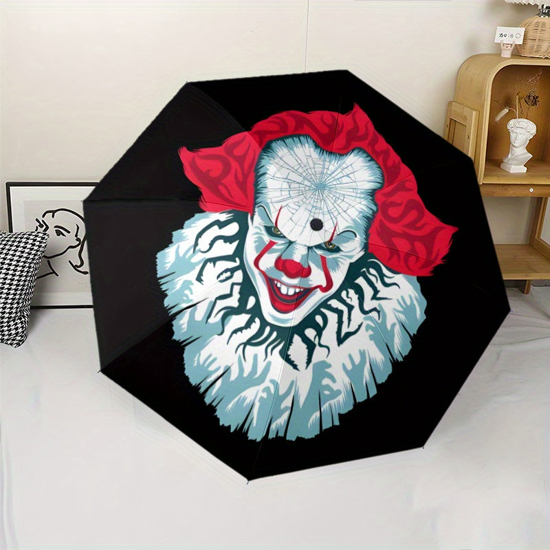 Pennywise Inspired Automatic Folding Umbrella - Durable 8-Rib Design, Portable Travel Umbrella with Vibrant Pennywise Face Artwork, Black with Red & White Stripes, Perfect Holiday Gift for Fans, Stylish & Functional Accessory
