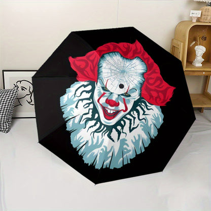 Pennywise Inspired Automatic Folding Umbrella - Durable 8-Rib Design, Portable Travel Umbrella with Vibrant Pennywise Face Artwork, Black with Red & White Stripes, Perfect Holiday Gift for Fans, Stylish & Functional Accessory