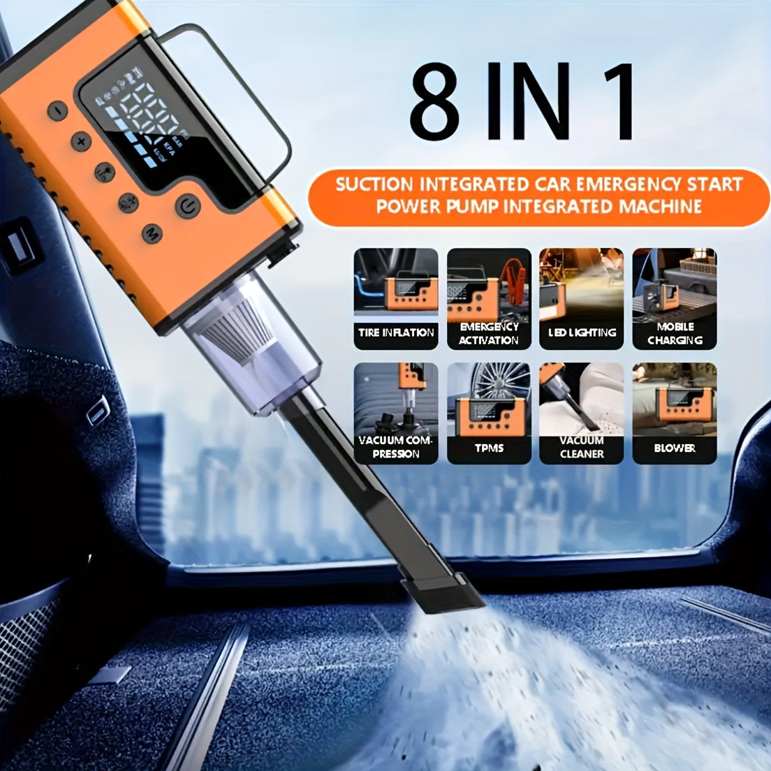 8-in-1 3000A Portable  Jump Starter with Air Compressor & Vacuum Cleaner - 12V 150Psi Tire Inflator, 5000PA  Vacuum, 37000mWh Rechargeable Battery, Digital Display, USB Charging, 2.64gal Gas/1.85gal Diesel Compatible,Insulate