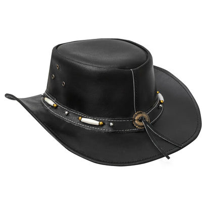 Black Leather Cowboy Hat for Men & Women - Shapeable Wide Brim, Aussie Style Leather Hat - Western Australian Outback Hat - For Outdoor Activities & Western Events - Perfect Gift for Cowboys & Cowgirls