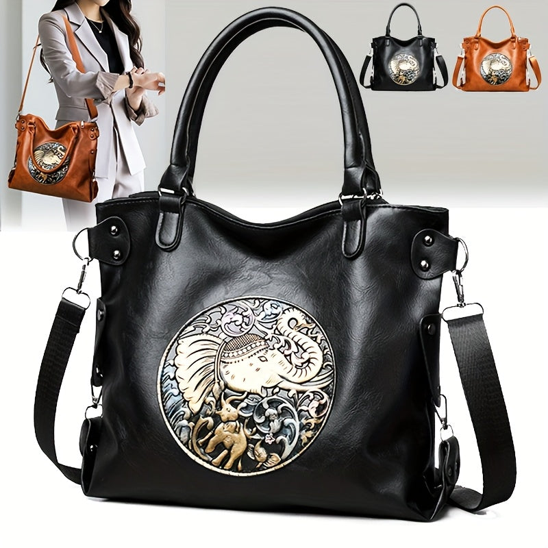 Women'S Large Capacity Tote Bag with Adjustable Strap - Elegant Black & Golden Animal Print (Elephant, Leopard, Lion, Tiger, Dragon) - Durable Synthetic Faux Leather-like Texture, Spacious Everyday Purse for Work, Travel, Ver