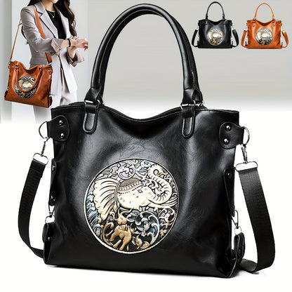Women'S Large Capacity Tote Bag with Adjustable Strap - Elegant Black & Golden Animal Print (Elephant, Leopard, Lion, Tiger, Dragon) - Durable Synthetic Faux Leather-like Texture, Spacious Everyday Purse for Work, Travel, Ver