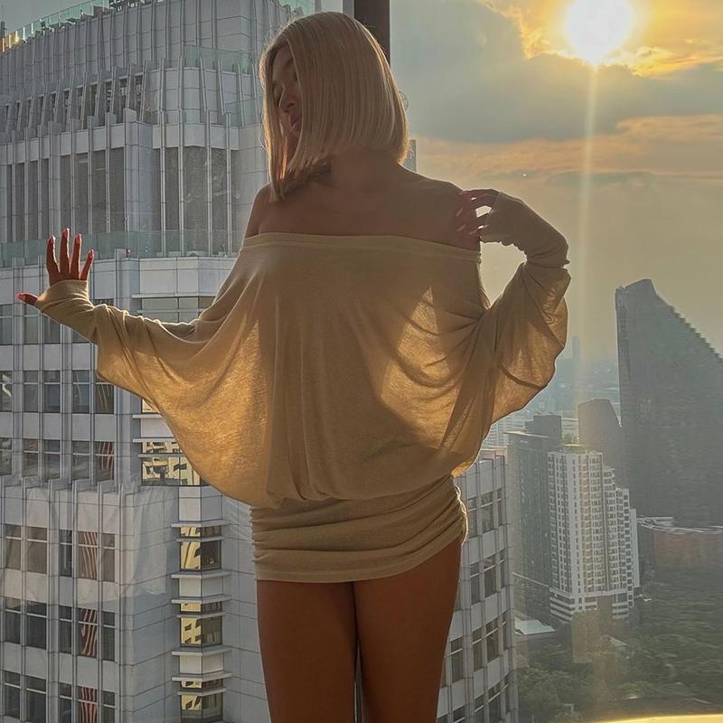 Women'S Sexy Off-the-Shoulder Long Sleeve Mini Dress - Solid Color Sheer Panel Party Clubwear, European & American Inspired Pleated Bandeau Dress for Spring/Autumn, Casual to Night Outfits, 2025 New Arrival (Sexy Off-Shoulder