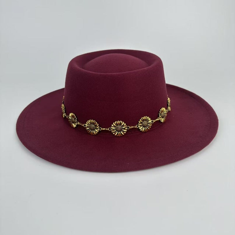 1pc Bohemian-style Unique and Fashionable Felt Hat - Decorated with Exquisite Golden Flower Chain Fedora Hat - Suitable for Daily Street Style, Music Festival Outfits, Bohemian-inspired Looks, Casual Outings and Trendy Season