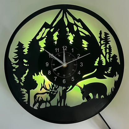 LED Lighted Forest Night Glow Wall Clock with Bear & Moose Silhouette - Modern Cabin Decor, Large Easy-Read Black Hands, Durable Vinyl Round Clock for Living Room, Bedroom, Office - Ideal Gift for Christmas, Birthday, Mother'