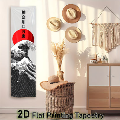 Extra Long Japanese Wall Hanging Tapestry - Great Wave off Kanagawa Ukiyo-e Art Poster, Large Vertical Floor Decor for Living Room, Bedroom, Dorm - Hokusai-Inspired Japanese Decor with Red Sun Symbol - Ideal Gift for Home Dec