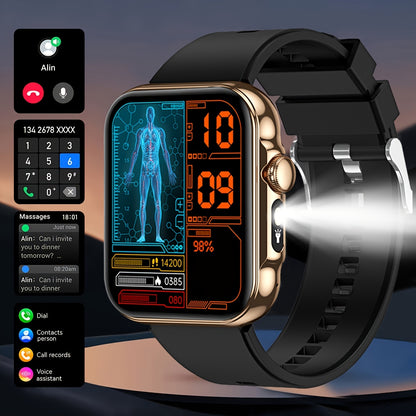 Men's Smart Watch with LED flashlight, IPX7 High Quality, Wireless calling and SMS reminder, 2.02-inch HD Large Screen, Sports Mode, Zinc Alloy, Outdoor Sports Smartwatch, Men's Watch, Compatible for iPhone and Android