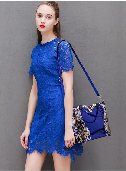 Designer Floral Embroidery Patent Leather Handbag for Women, Large Capacity Shoulder Tote with Zipper Closure, Polyester Lined, Paint Detail, Party Bag
