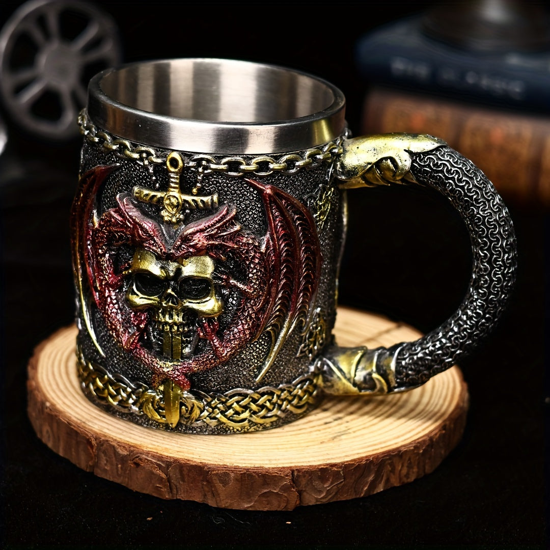 Medieval Collectible Drinkware (Hand Wash Only) - 2024 Dragon Warrior Gothic - 3D Dragon & Skull Coffee Mug & Beer Cup - Stainless Steel Insulining Cup with Celtic Knot Design - Viking-Themed Gift for Men - Christmas - Hallow