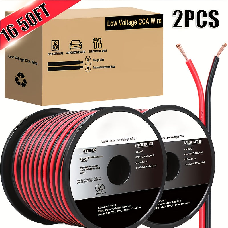 100Ft 16Awg Copper Clad Aluminum Wire | 16/2 Gauge Red Black Cca Electrical Cable, 2 Conductor Parallel, 12V/24V Dc Flexible Extension Cords For Car Audio Radio Speaker Amplifier | Brand: Nilight