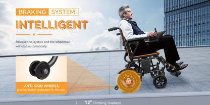 KERDOM Smart Folding Electric Wheelchair (Adult/Senior Model) - The Perfect Gift for Parents! 15+ Miles Range, 12AH Battery, 360° Joystick, All-Terrain Mobility, One-Key Folding (Black/Orange Dual Color)