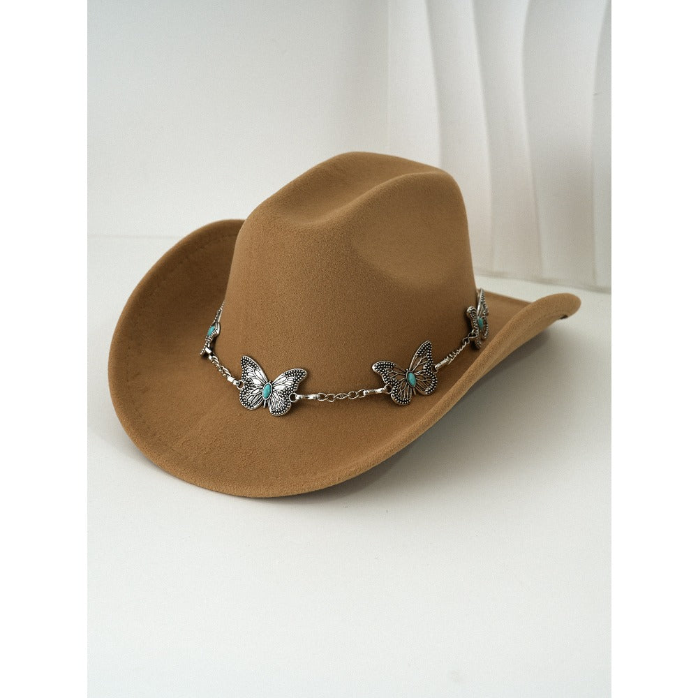 Women'S Bohemian Turquoise & White Cowboy Hat - Felt Wide Brim Sun Hat with Butterfly Metal Chain Accent, Non-Stretch Formal & Western Style for Christmas, Festivals, Casual Attire - Hand Washable Elegant Felt Cowboy Cap, Cow