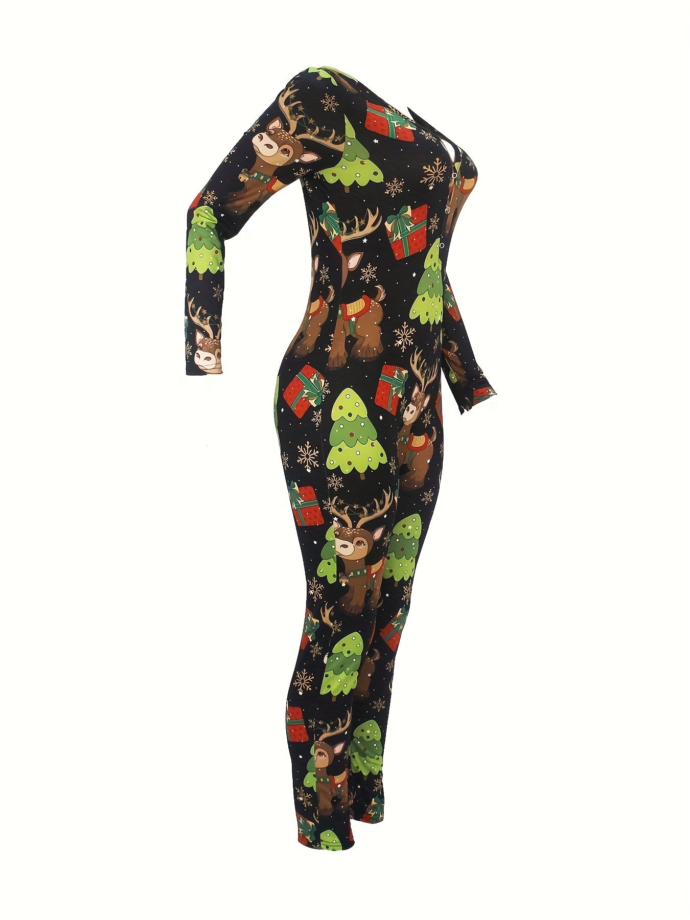 Women'S Christmas Print Off-Shoulder Long Sleeve Jumpsuit - Sexy V-Neck Button-Up Romper with Reindeer & Snowflake Design, Stretchy Polyester Blend, Machine Washable, Perfect for Holiday Loungewear & Sleepwear, Christmas Romp