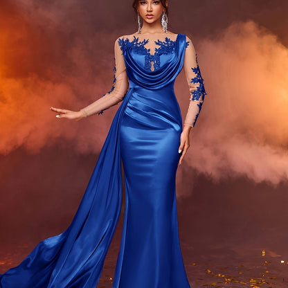 Elegant Long Ladies' Gown with Lace Detail | Solid Color, Contrast Mesh, Long Sleeve, Gown Hem, Ideal for Christmas, Birthday, Graduation, Travel