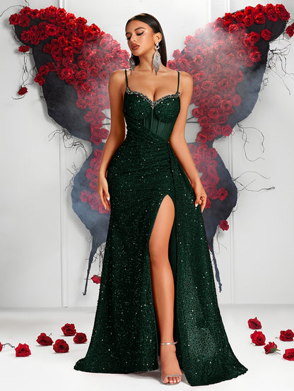 Sequin Spaghetti Strap V-Neck High-Waist Long Dress with Hollow-Out Back and Side Slit | Elegant Bodycon Evening Gown for Parties and Banquets
